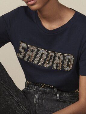SANDRO Studded Logo Wool-Trim Tee Navy Blue NWT 4 XL - OFFICE SIREN